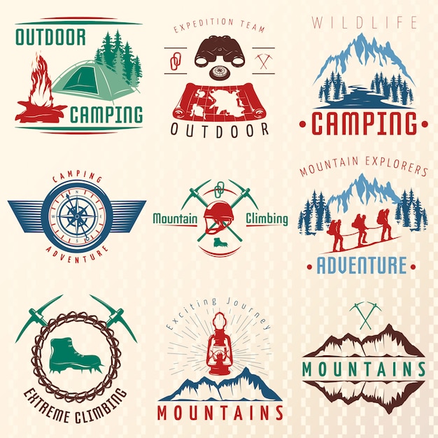 Emblemas coloridos de expediciones de montaña