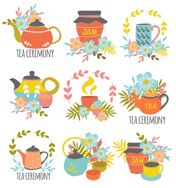 Emblemas dibujados a mano de la ceremonia del té