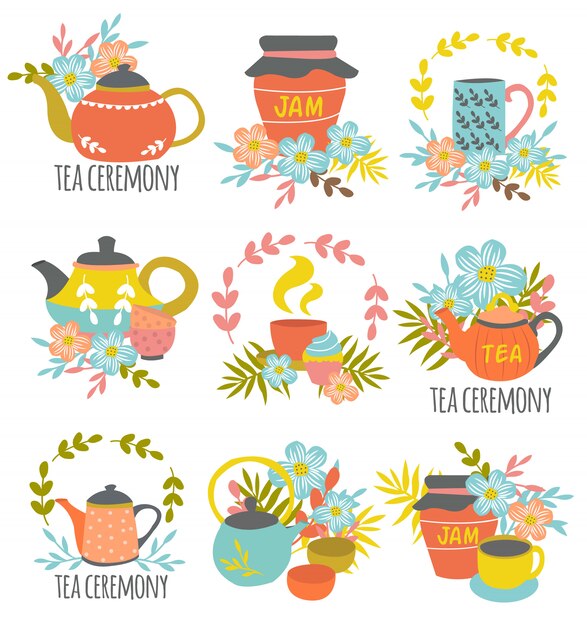 Emblemas dibujados a mano de la ceremonia del té