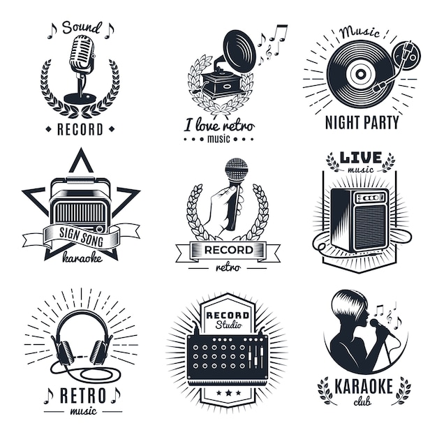 Vector gratuito emblemas de karaoke elements monochrome vintage