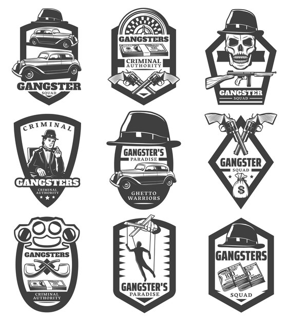 Emblemas de la mafia vintage con gángster coches clásicos revólveres pistola sombrero cráneo dinero marioneta ruleta pipas nudillo aislado