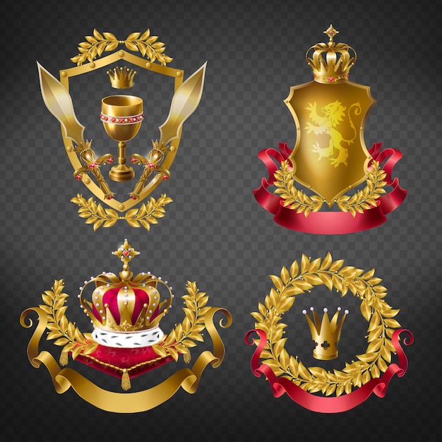 Emblemas reales heráldicos con coronas doradas de monarca, escudo, corona de laurel, cinta, copa y espada.