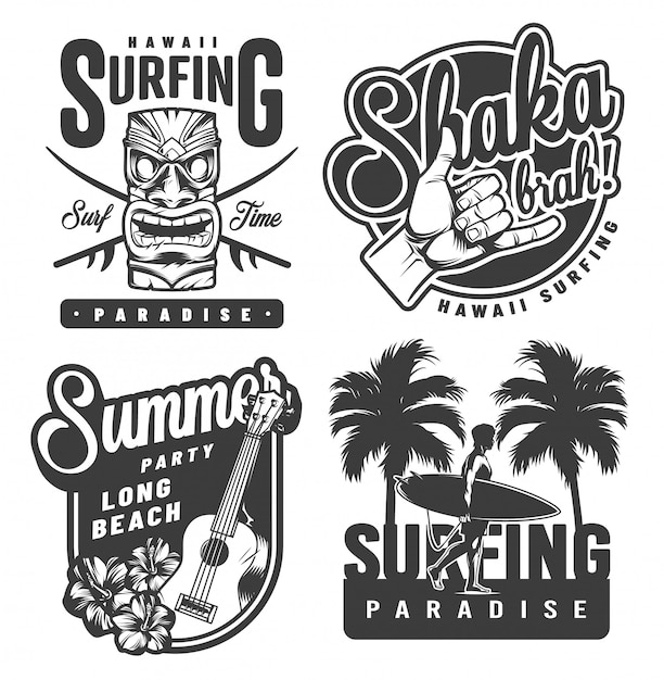 Vector gratuito emblemas de surf monocromo vintage