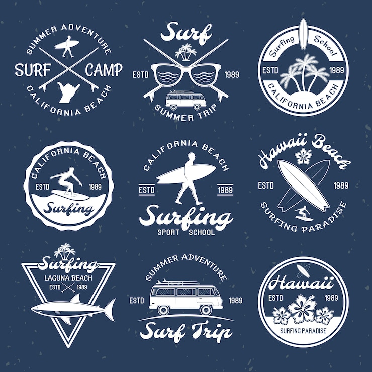 Vector gratuito emblemas de surf en la oscuridad