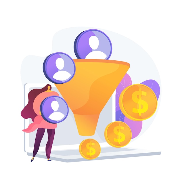 Embudo de ventas. Generación de leads, gestión de clientes, estrategia de marketing. Elemento de diseño plano de conversión de comercio. Plan de venta. Filtro de clientes.