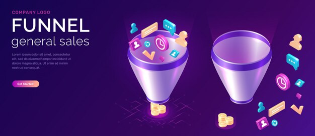 Embudo de ventas, ilustración del concepto isométrico