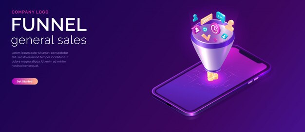 Embudo de ventas, plantilla web isométrica