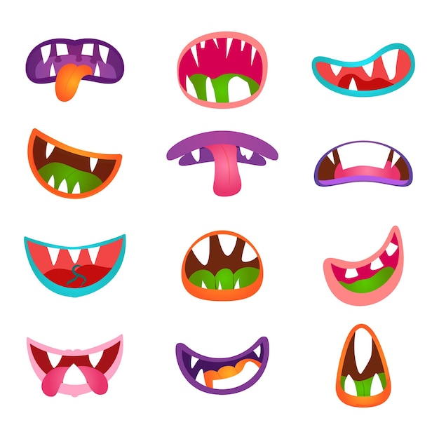 Vector gratuito emociones y expresiones de cara de animal lindo. conjunto de boca cómica de monstruo de divertidos dibujos animados. monstruos boca icono y montura de dibujos animados con dientes