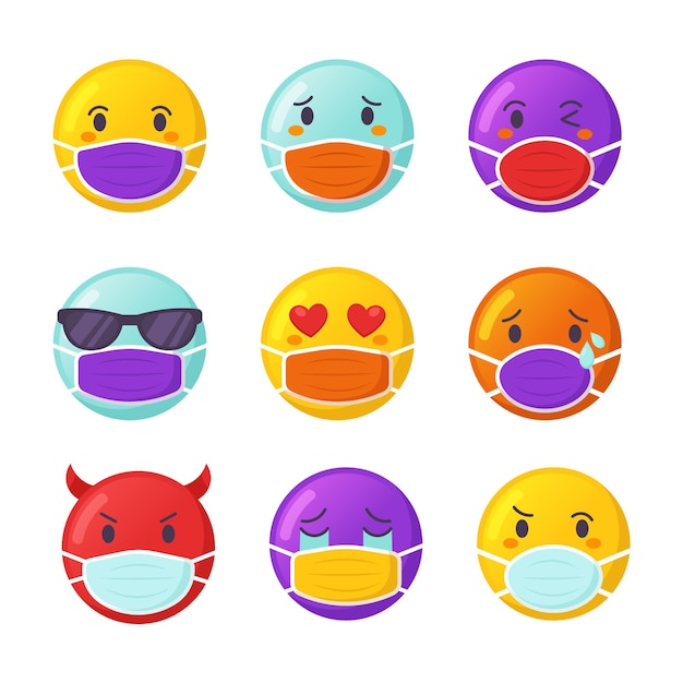 Vector gratuito emoji de dibujos animados con máscaras faciales
