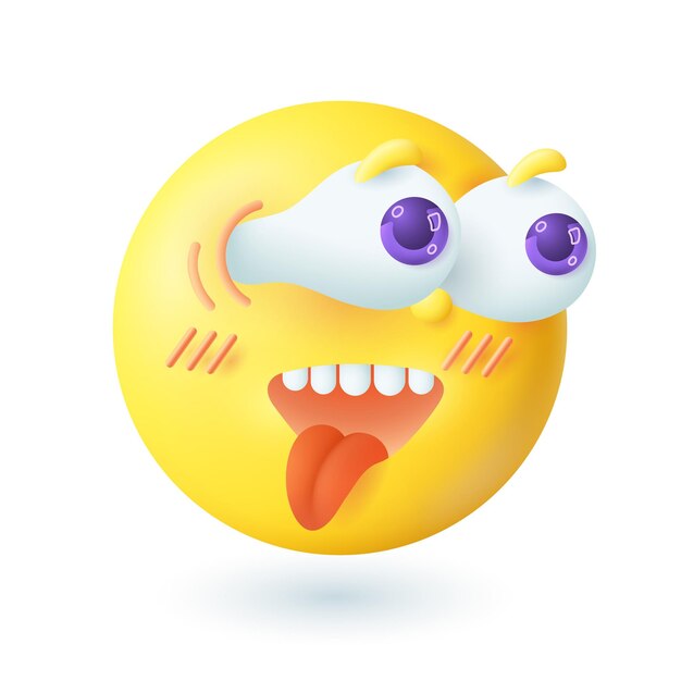 Emoticono de estilo de dibujos animados 3d con icono de ojos de Google. Cara amarilla curiosa o sorprendida con rubor sacando la lengua ilustración vectorial plana. Emoción, concepto de expresión