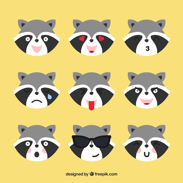 Vector gratuito emoticonos de mapache con diferentes expresiones faciales