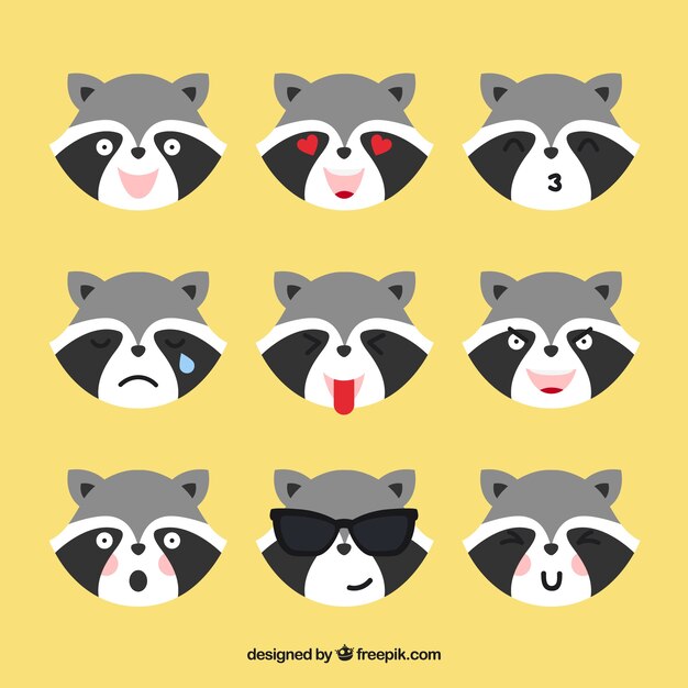 Emoticonos de mapache con diferentes expresiones faciales