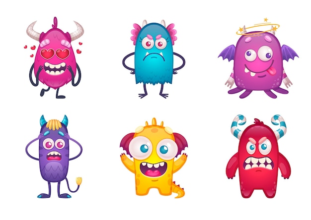 Vector gratuito emoticonos de monstruos de dibujos animados con coloridos personajes de bestias infantiles con diferentes emociones faciales en la ilustración de vectores de fondo en blanco