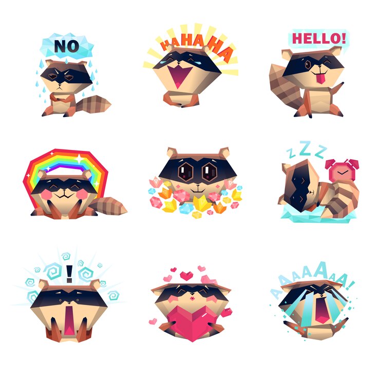 Vector gratuito emotions of raccoon set cartoon style