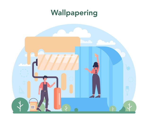 Empapelado de pared Trabajador pegando papeles pintados en la pared Trabajador profesional en la casa de reparación uniforme Renovación del hogar Ilustración vectorial aislada