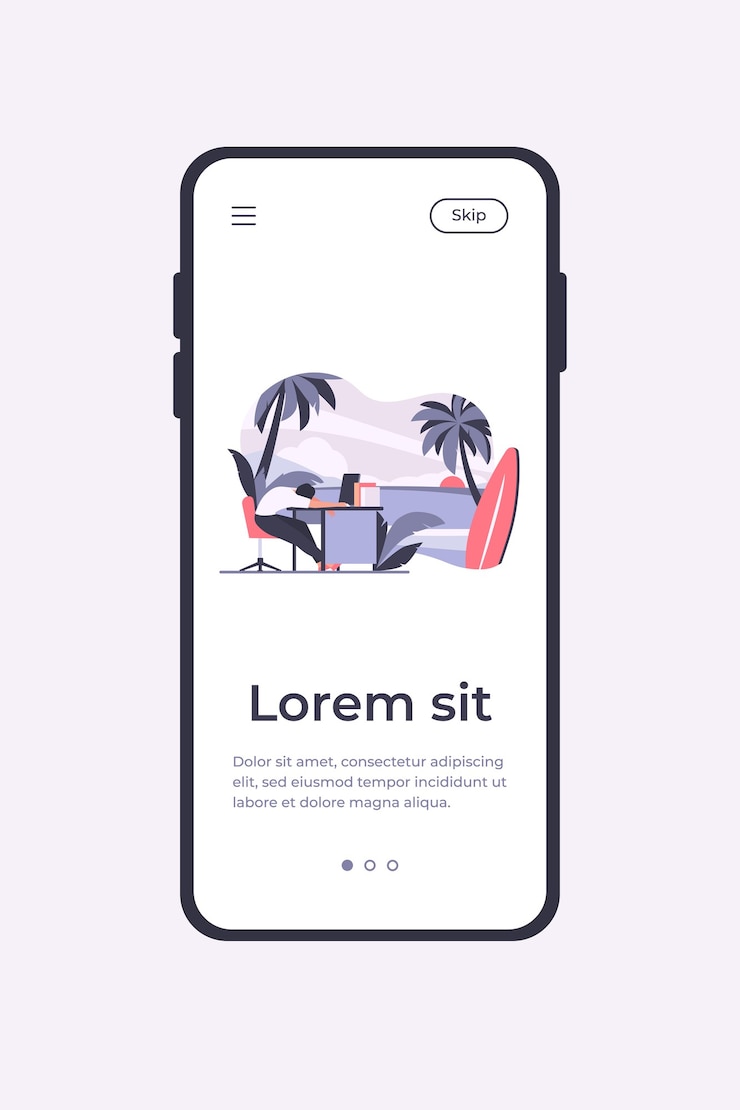 Vector gratuito empleado de oficina cansado durmiendo en el lugar de trabajo y soñando con la playa del océano con plantilla de aplicación móvil de tabla de surf