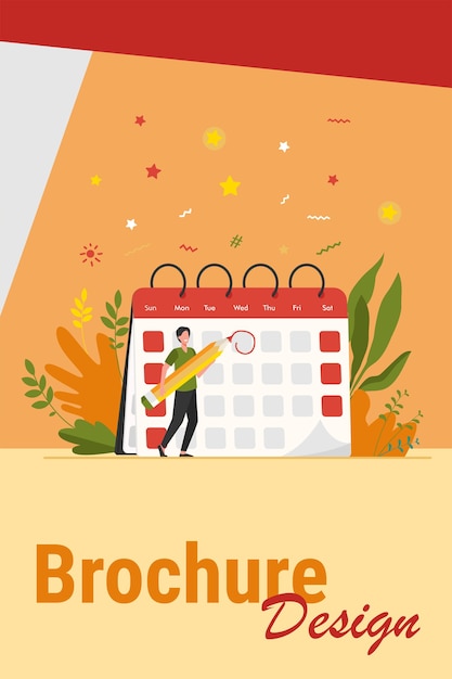 Empleado que marca el día límite. Hombre con lápiz señalando la fecha del evento y tomando nota en el calendario. Ilustración de vector de horario, agenda, concepto de gestión del tiempo