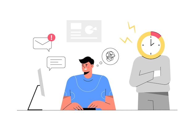 empleado que trabaja en la ilustración de vector plano de lugar de trabajo interior de oficina, bajo presión, fecha límite de trabajo, resolución de problemas, tema de negocios