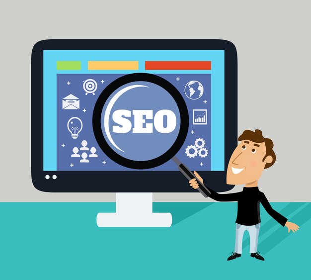 Empleado de la vida empresarial con lupa y gran monitor SEO concepto vector ilustración