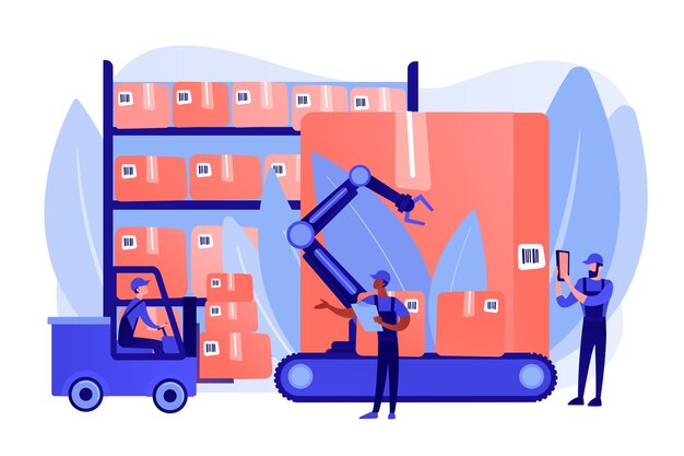 Empleados de almacén trabajando, transportando cajas de mercancías. Logística de almacén, uso de tecnología RFID, concepto de servicio de almacenamiento de automatización. Ilustración aislada de bluevector coral rosado