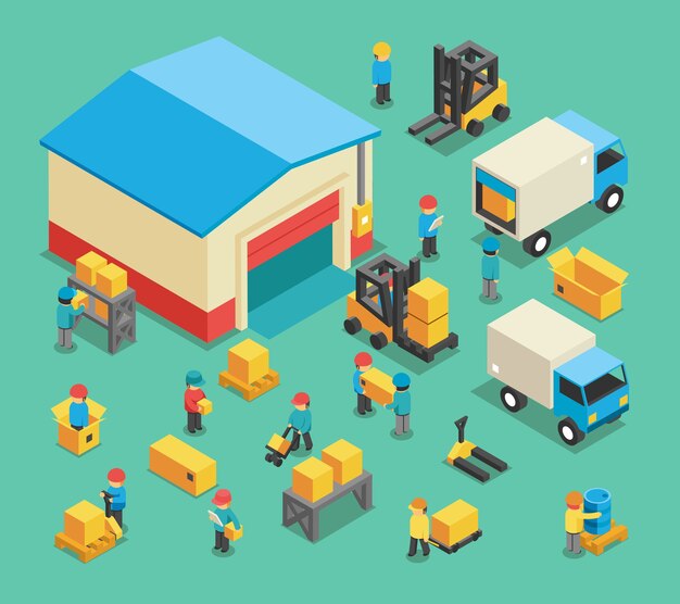 Empleados de almacenamiento y carga en movimiento isométrico. Almacenamiento en almacén, logística de transporte, industria y equipo de almacén. Ilustración de vector de empleados de almacenamiento y almacenamiento
