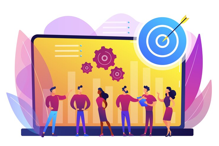 Vector gratuito los empleados obtienen retroalimentación y objetivos organizacionales. gestión del rendimiento, software de gestión, productividad de los empleados y concepto de seguimiento del rendimiento.