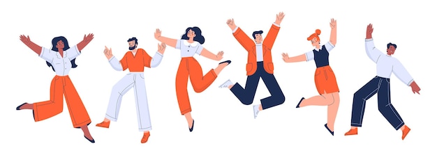 Empleados de oficina felices saltan con los brazos levantados