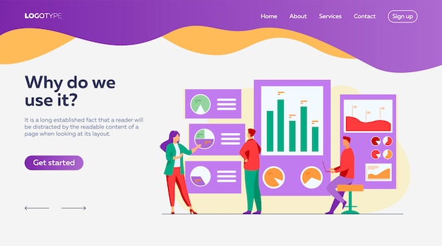Vector gratuito empleados de oficina que analizan e investigan la plantilla de página de destino de datos comerciales