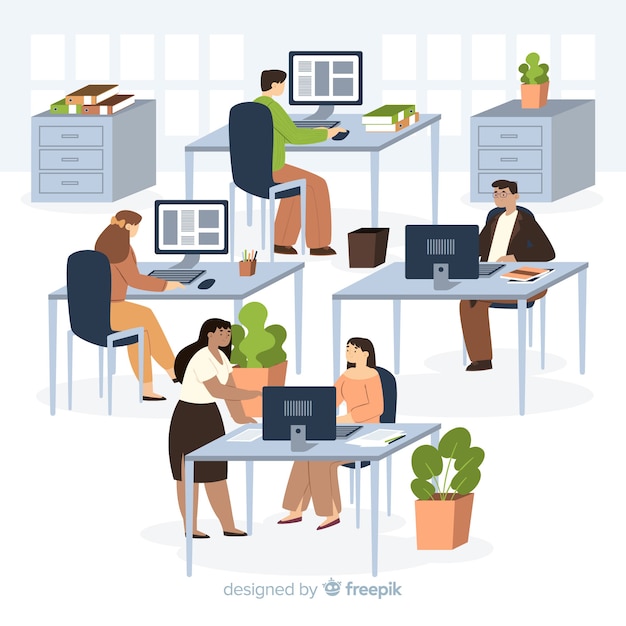 Vector gratuito empleados de oficina sentados en escritorios ilustrados