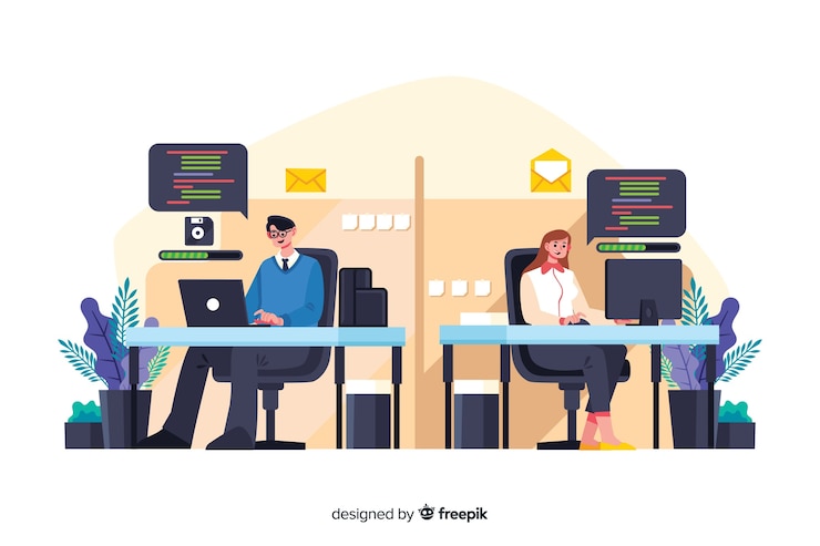 Vector gratuito empleados de oficina sentados juntos en escritorios