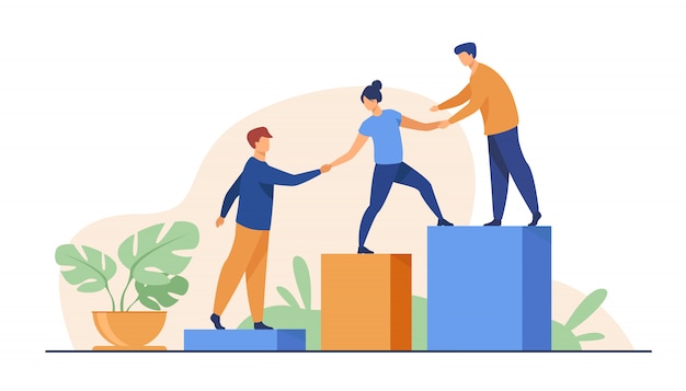 Empleados que dan la mano y ayudan a sus colegas a subir las escaleras