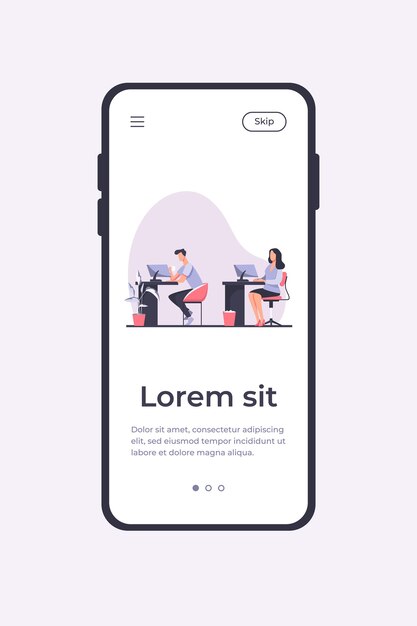 Empleados que trabajan en computadoras. Gente de oficina, lugares de trabajo, ilustración vectorial plana de coworking. Espacio abierto corporativo, concepto de profesionales para banner, diseño de sitios web o página web de aterrizaje