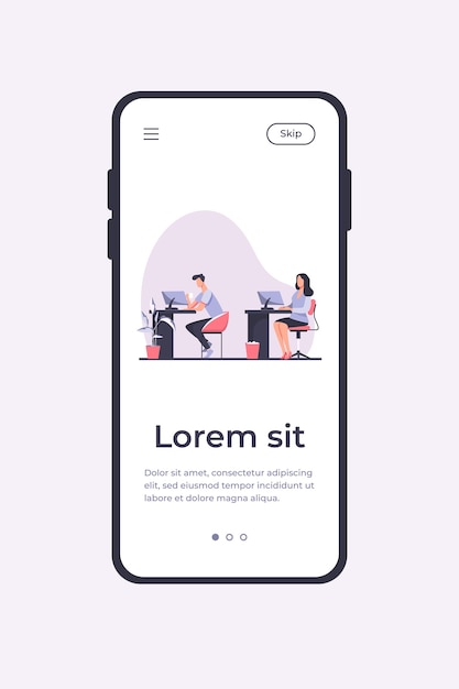 Empleados que trabajan en computadoras. Gente de oficina, lugares de trabajo, ilustración vectorial plana de coworking. Espacio abierto corporativo, concepto de profesionales para banner, diseño de sitios web o página web de aterrizaje