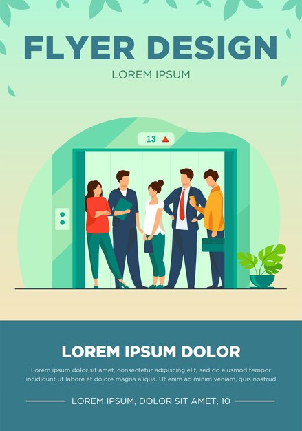 Empleados que utilizan el ascensor del edificio de oficinas. Gente de negocios de pie dentro de la cabina del ascensor con las puertas abiertas. Ilustración de vector de arquitectura, interior de negocios, concepto de estilo urbano