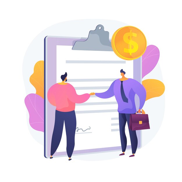 Empleo, firma de contrato laboral, contratación. Trato, negociación, acuerdo de servicio pagado. Personajes de dibujos animados de empresarios, empleadores y empleados. Ilustración de metáfora de concepto aislado de vector.