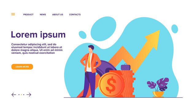 Emprendedor o inversor exitoso que presenta una pila de página de destino de dinero