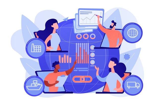 Empresa de distribución global, flete internacional de carga. La gestión de la cadena de suministro, el control de las operaciones logísticas, optimiza su concepto logístico. Ilustración aislada de bluevector coral rosado