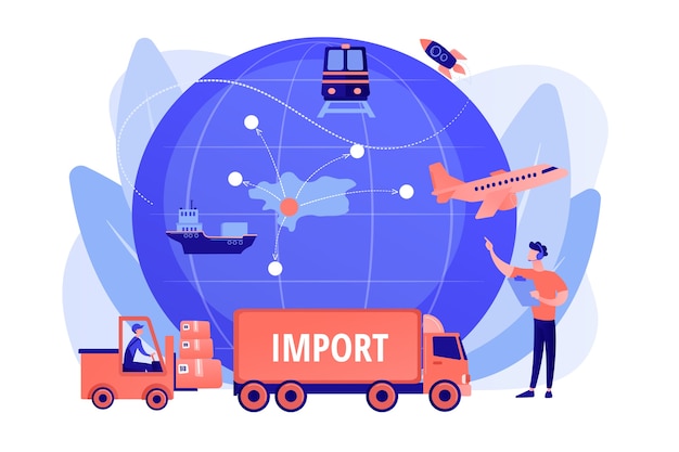 Empresa especializada en productos extranjeros. Importación de bienes y servicios, servicios de importación de bienes, concepto de proceso de ventas internacionales. Ilustración aislada de bluevector coral rosado