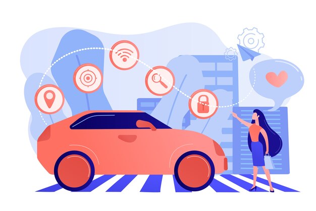 A empresaria con corazón le gusta usar autos autonomos con iconos de tecnología. Coche autónomo, coche autónomo, concepto de vehículo robótico sin conductor