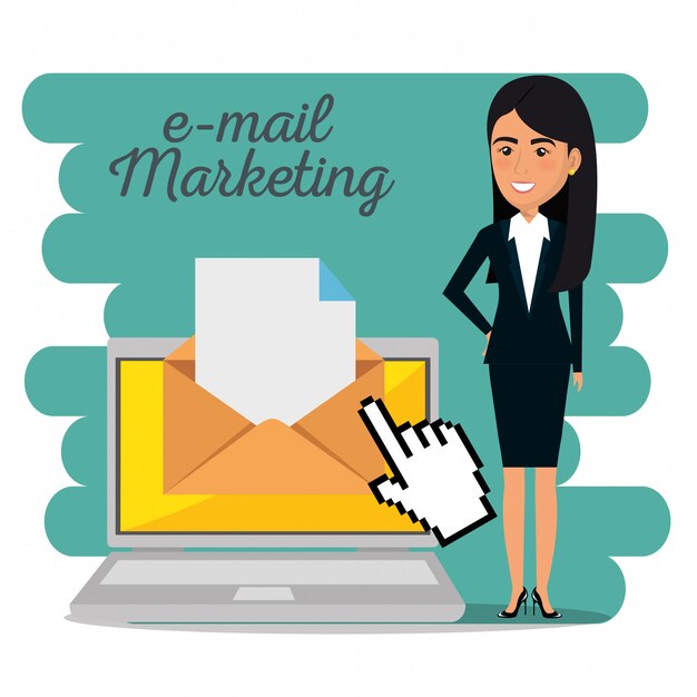 Empresaria con iconos de marketing por correo electrónico