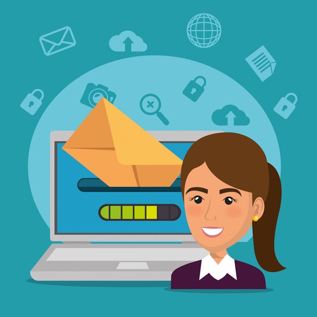 Empresaria con iconos de marketing por correo electrónico
