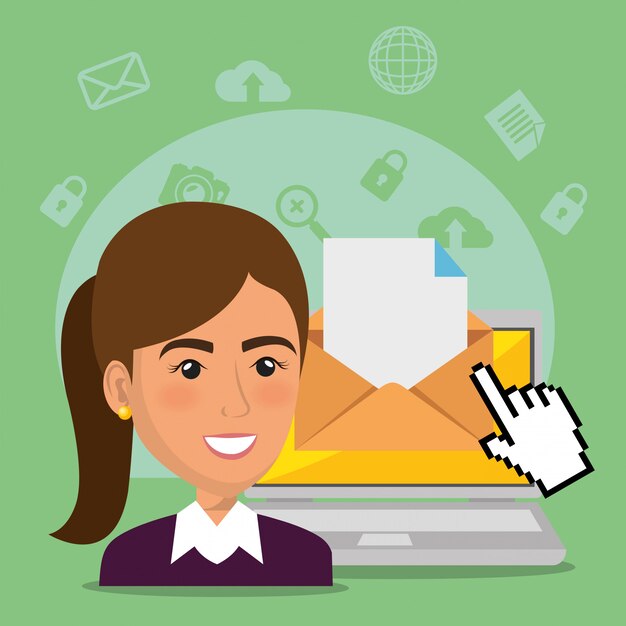 Empresaria con iconos de marketing por correo electrónico