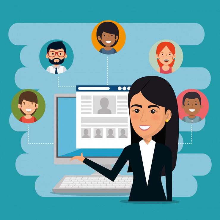 Vector gratuito empresaria con iconos de marketing por correo electrónico