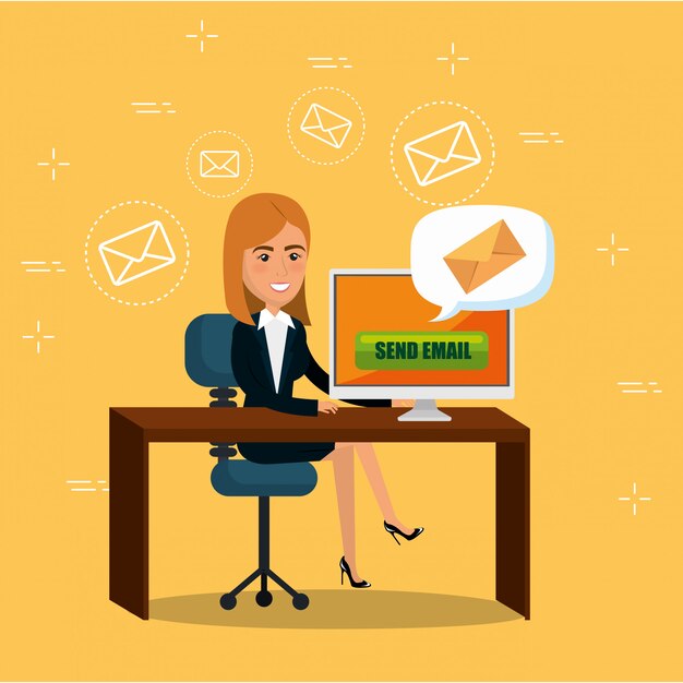 Empresaria en la oficina con iconos de marketing por correo electrónico