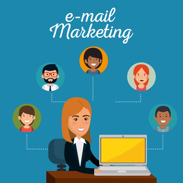 Empresaria en la oficina con iconos de marketing por correo electrónico
