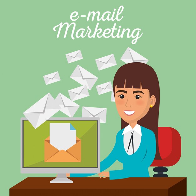 Empresaria en la oficina con iconos de marketing por correo electrónico