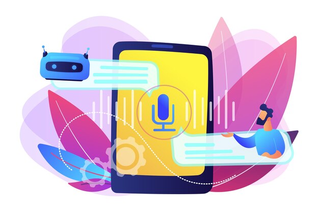 El empresario se comunica con el chatbot con comandos de voz. Chatbot controlado por voz, asistente virtual parlante, concepto de aplicación de voz de teléfono inteligente. Ilustración aislada violeta vibrante brillante