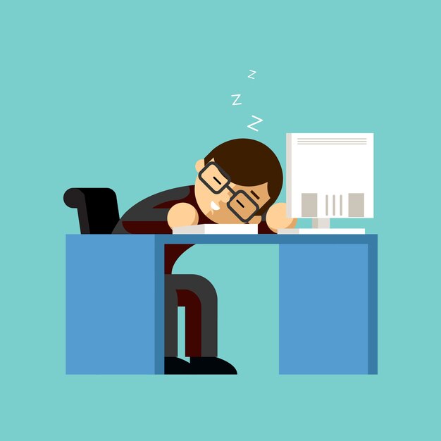Empresario durmiendo en su escritorio de oficina. Mesa y trabajo, sueño y trabajo, siesta y perezoso, dormido y trabajador.