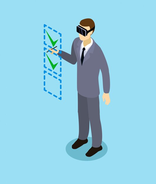Empresario isométrico con casco de realidad virtual
