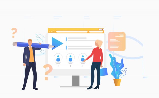 Empresario con lápiz y empresaria de pie en la computadora